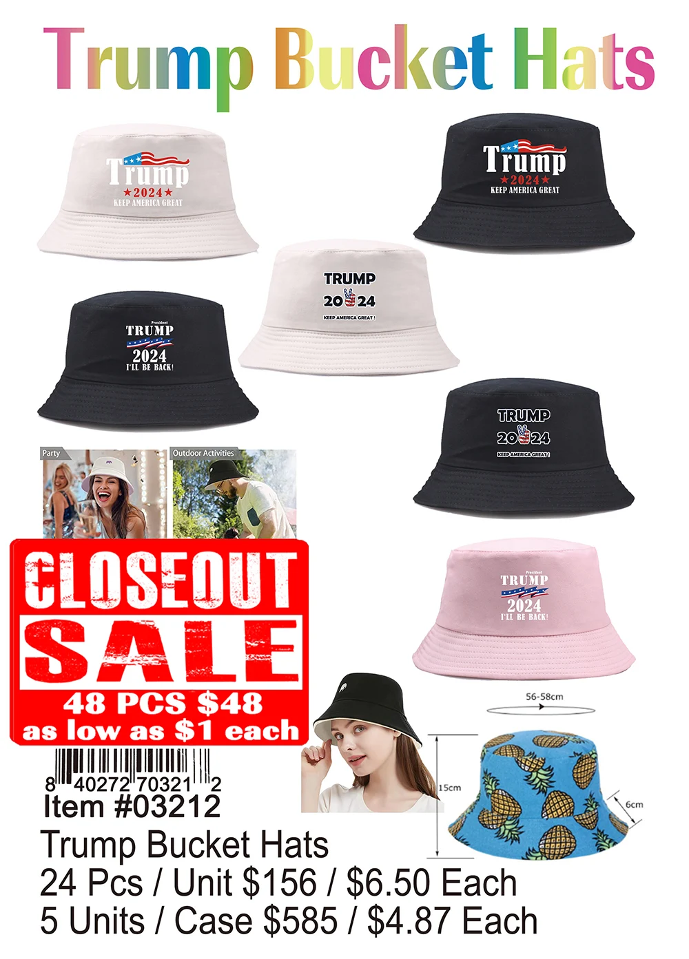 Trump Bucket Hats - Closeout 48 Pcs.